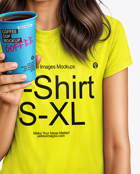 Woman Wearing a T-shirt Holding 16oz Paper Cup Mockup