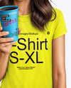Woman Wearing a T-shirt Holding 16oz Paper Cup Mockup
