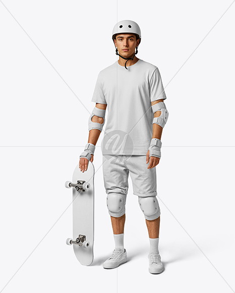 Skater in Protective Gear with Skateboard Mockup