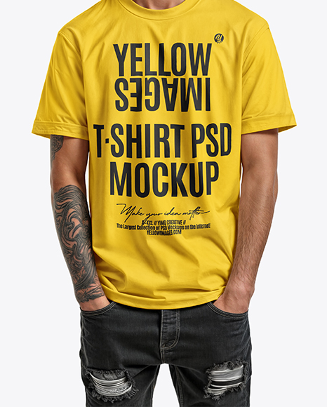 Young Man with Tattoo Wearing T-shirt and Ripped Jeans Mockup