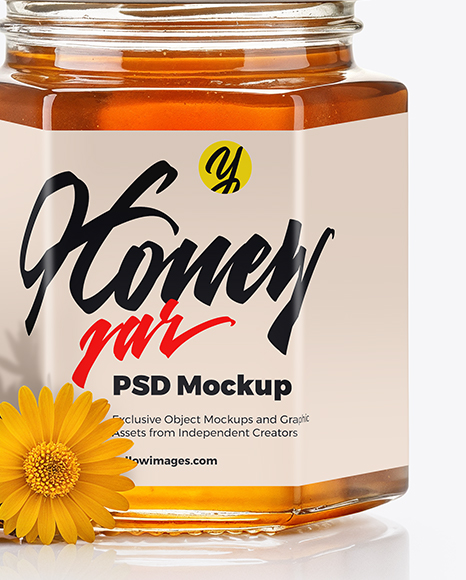 Hexagonal Glass Jar with Wildflower Honey Mockup