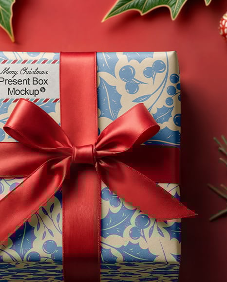 Square Gift Box with Red Bow Mockup