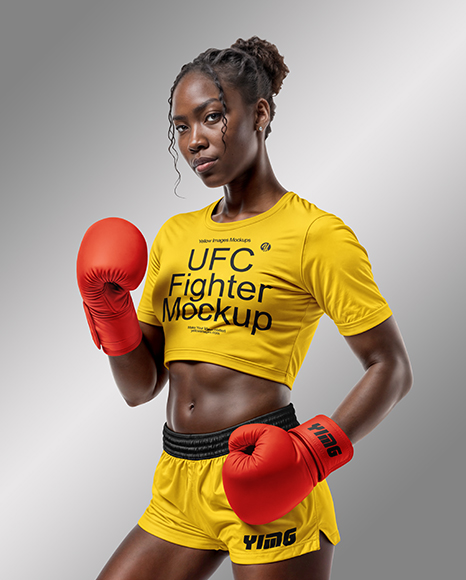 Black Female UFC Fighter Wearing T-Shirt & Shorts Mockup