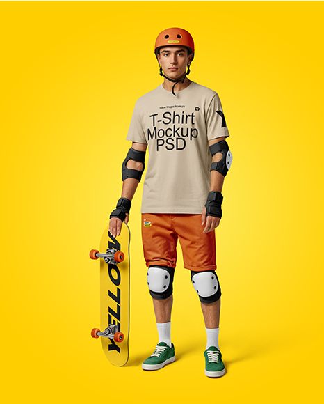 Skater in Protective Gear with Skateboard Mockup