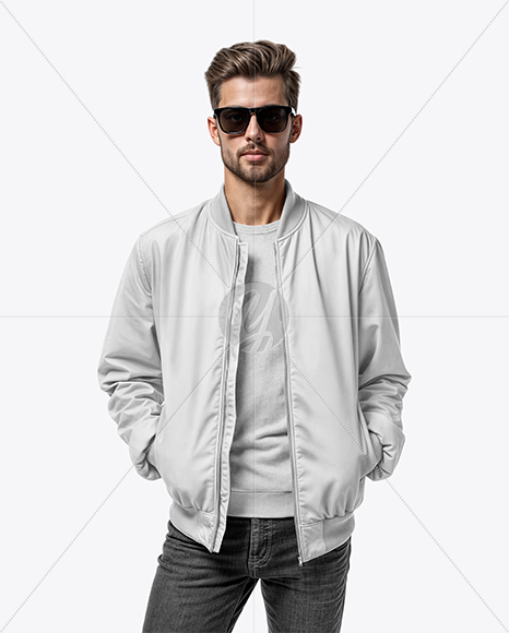 Bearded Man Wearing Bomber Jacket and Jeans Mockup