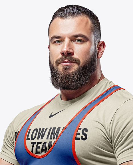 Man Wearing Weightlifing Suit with Barbell Mockup