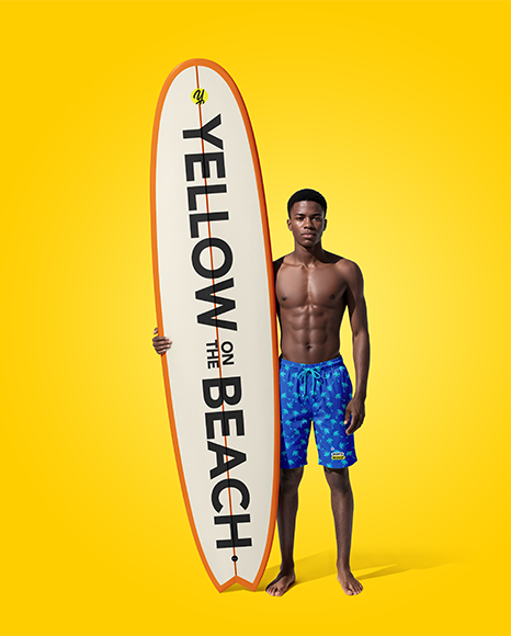 Young Man Wearing Shorts and Holds Surfboard Mockup
