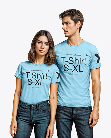 Young Couple Wearing T-shirt and Jeans Mockup - Apparel mockups
