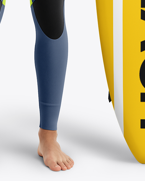 Surfer Wearing Wetsuit with Shortboard Mockup