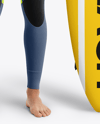 Surfer Wearing Wetsuit with Shortboard Mockup