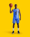 Basketball Player Wearing a V-Neck Jersey and Shorts Holding a Basketball Mockup