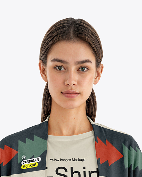 Young Woman Wearing Cardigan and T-Shirt Mockup