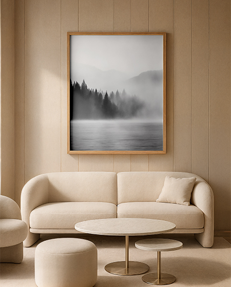 Poster with a Wooden Frame in a Living Room Mockup