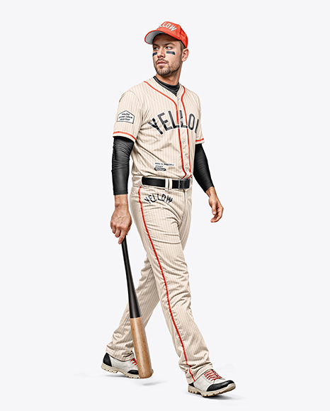 Man Wearing a Full Baseball Kit with Bat Mockup - Mens+Baseball+Jersey+Mockup+HalfsideView+Download+...