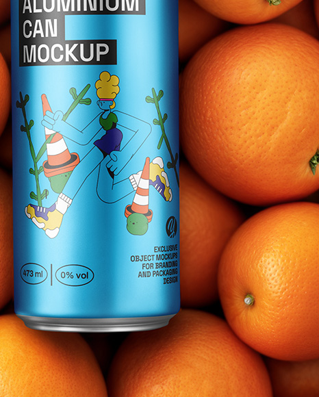 16oz Drink Can on a Stack of Oranges Mockup