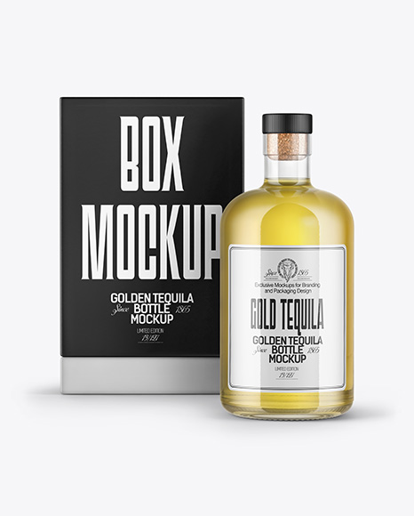 Golden Tequila Bottle with Box Mockup