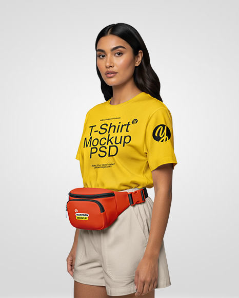 Woman Wearing T-Shirt with Fanny Pack Mockup