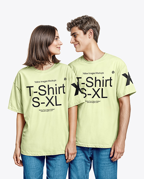 Young Couple Wearing Oversized T-shirts and Jeans Mockup - Apparel mockups