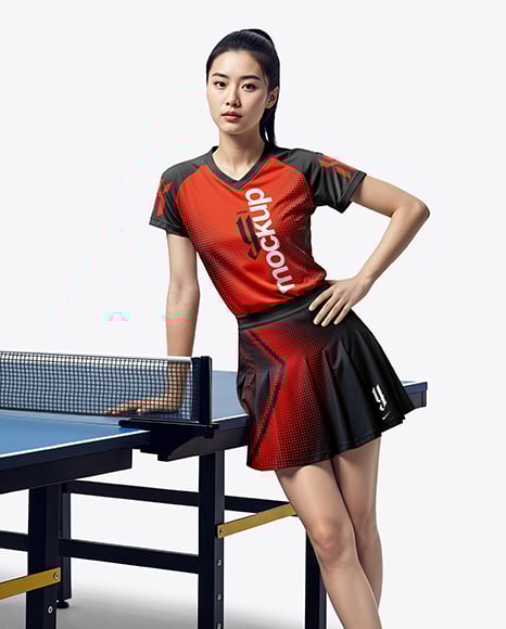 Woman Wearing Table Tennis Uniform Mockup - Children's+Uniform+Mockup