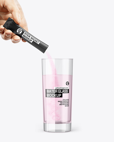 Matte Stick Sachet With Powder in a Hand & Water Glass Mockup