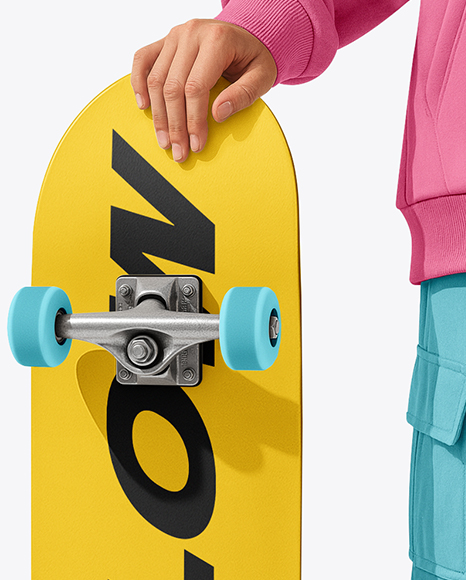 Girl Wearing Hoodie & Cargo Pants with Skateboard Mockup