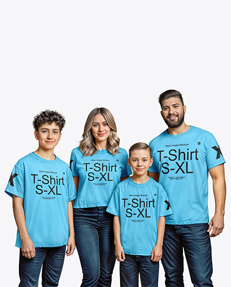 Family with Two Boys Wearing T-shirts and Jeans Mockup - Stacked jeans mockup