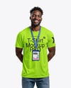 Smiling Black Man Wearing T-shirt with Badge Holder Mockup
