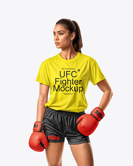 Female UFC Fighter Wearing T-Shirt & Shorts Mockup - Girl+wearing+printed+T-Shirt+Mockup+|+Mockup+World