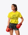 Female UFC Fighter Wearing T-Shirt & Shorts Mockup
