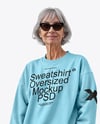 Smiling Old Woman in Oversize Sweatshirt & Sweatpants Mockup