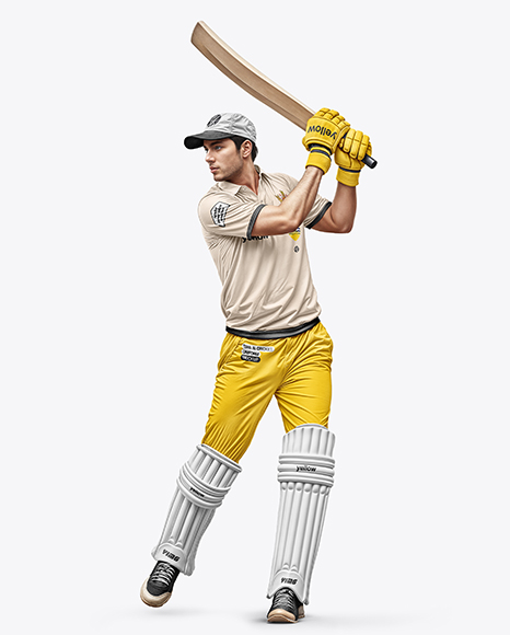 Man Wearing Full Cricket Kit with Bat Mockup - Mens+Baseball+Jersey+Mockup+HalfsideView+Download+...