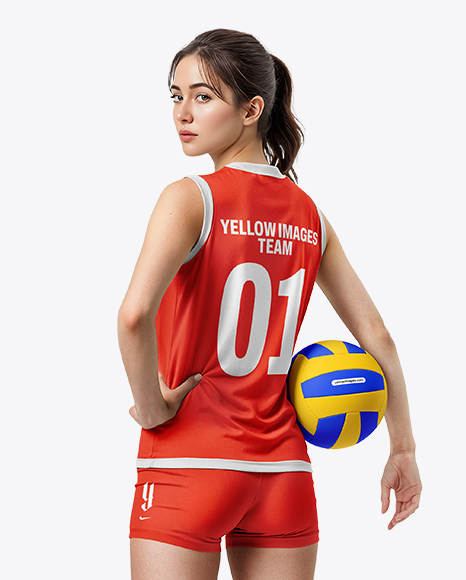 A Woman Wearing a Full Volleyball Kit With Ball Mockup