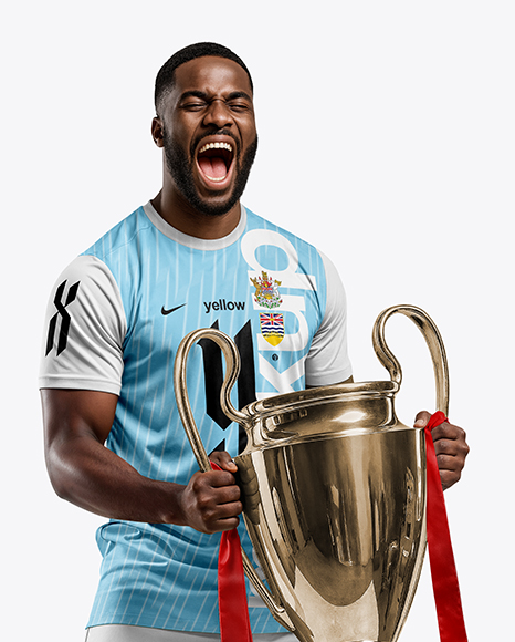 Soccer Player Wearing Jersey and Shorts Holds Cup Mockup