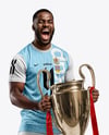 Soccer Player Wearing Jersey and Shorts Holds Cup Mockup