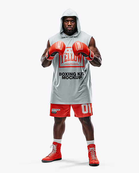 Black Man Wearing Boxing Sleeveless Hooded Shirt and Shorts Mockup