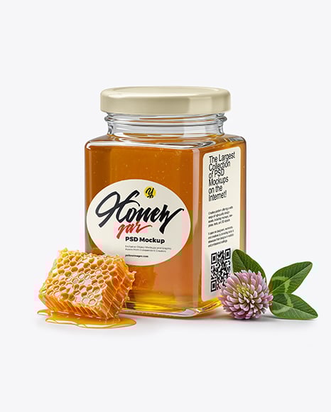 Square Clear Glass Jar with Clover Honey Mockup - Free+84++Square+Honey+Jar+Mockup+PSD+File