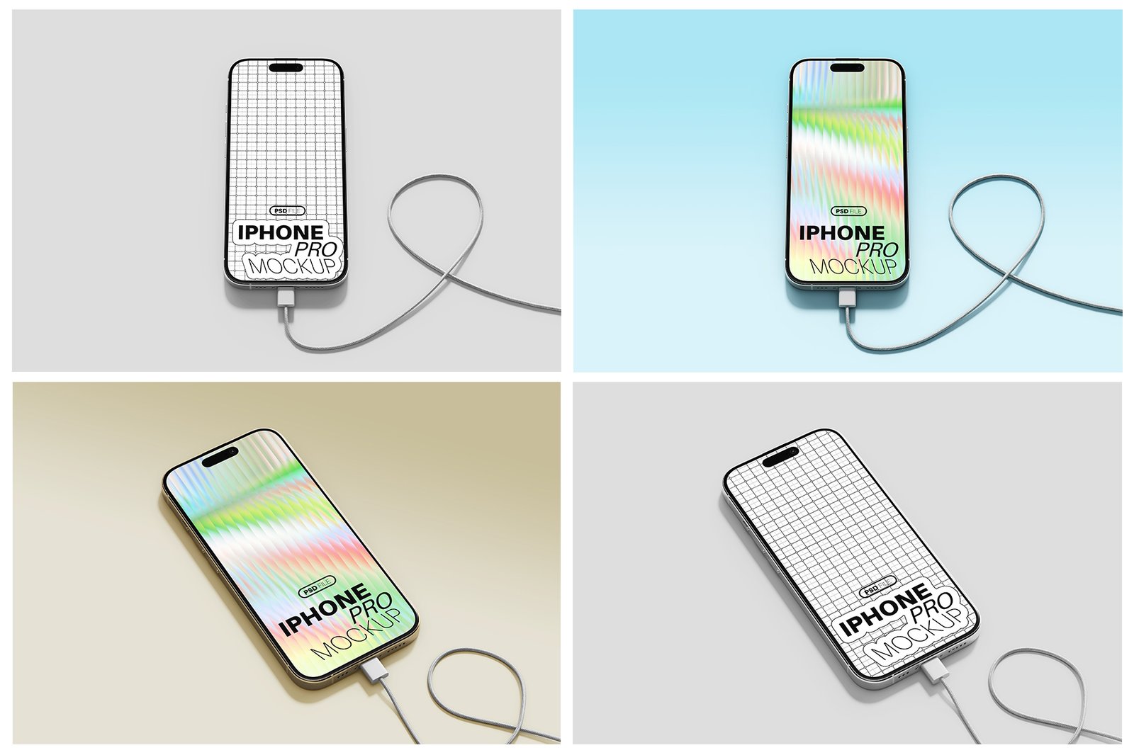 iPhone Pro with Charging Cable Mockup Set