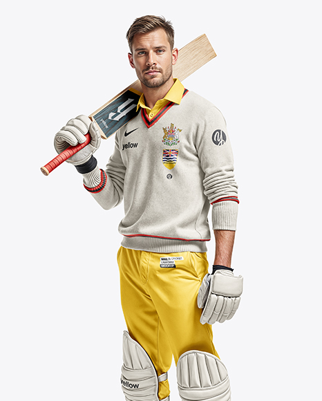 Cricket Player Wearing a Jumper Holding a Bat Mockup - Jumper