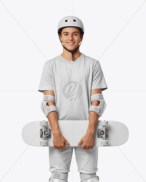 Skater in Protective Gear with Skateboard Mockup