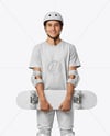 Skater in Protective Gear with Skateboard Mockup