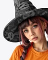 Young Woman Wearing Witch Hat and Oversized T-shirt Mockup