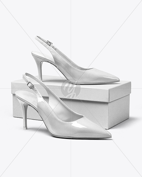 Pair of Glossy Slingbacks on Shoe Box Mockup