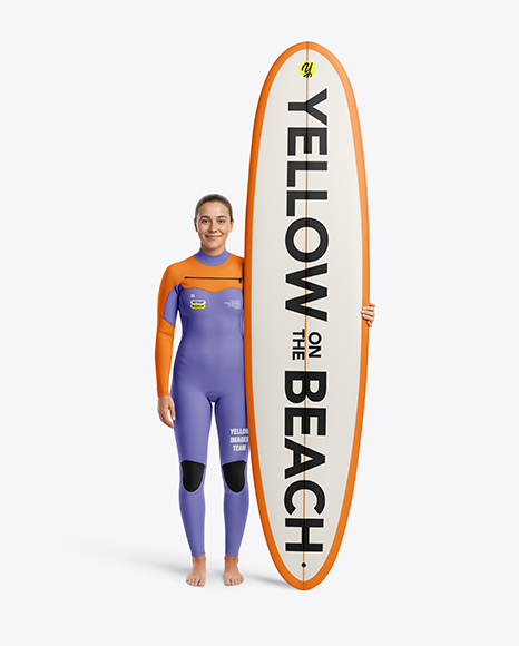Female Surfer in a Wetsuit with a Longboard Mockup - Sport Kit mockups