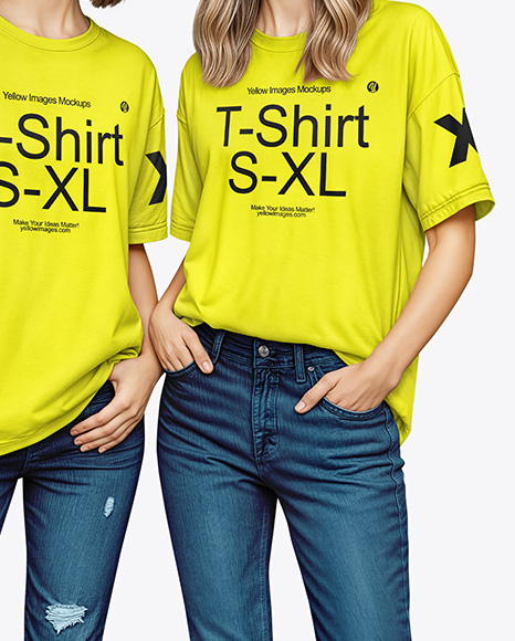 Two Young Women Wearing T-shirts and Jeans Mockup