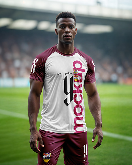 Soccer Player Wearing a Crew Neck Jersey and Shorts at the Stadium Mockup