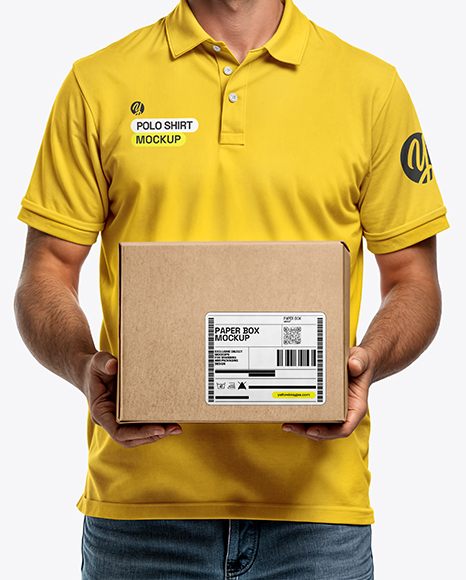Delivery Man Wearing Polo Shirt and Baseball Cap Holding Box Mockup