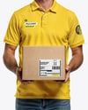Delivery Man Wearing Polo Shirt and Baseball Cap Holding Box Mockup