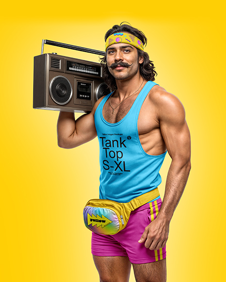 Man with Boombox Wearing Tank Top and Shorts Mockup