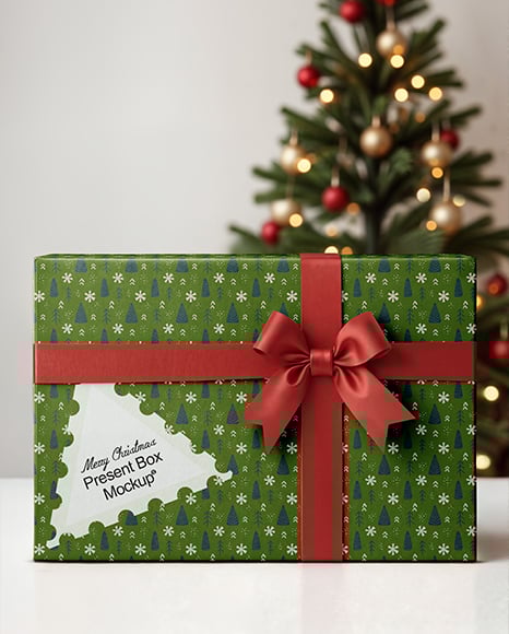 Gift Box with Christmas Tree on Background Mockup
