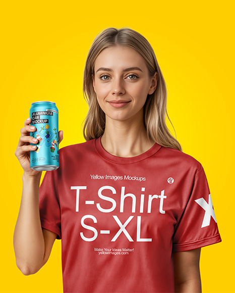 Woman Wearing a T-shirt Holding 16oz Drink Can Mockup